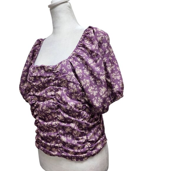 Celebrity Pink Purple Floral Puff Sleeve Ruched Top Womens Cropped Blouse Size M - Picture 9 of 9